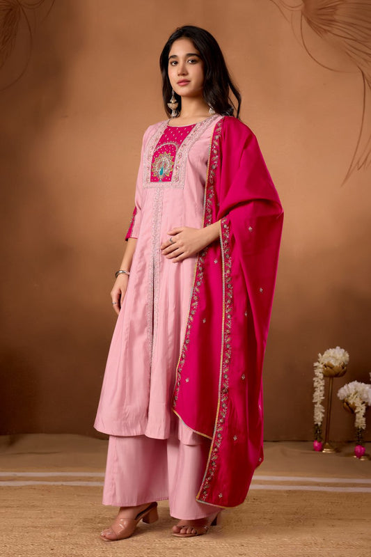 Roman Silk Anarkali Kurti Set with Hand Work