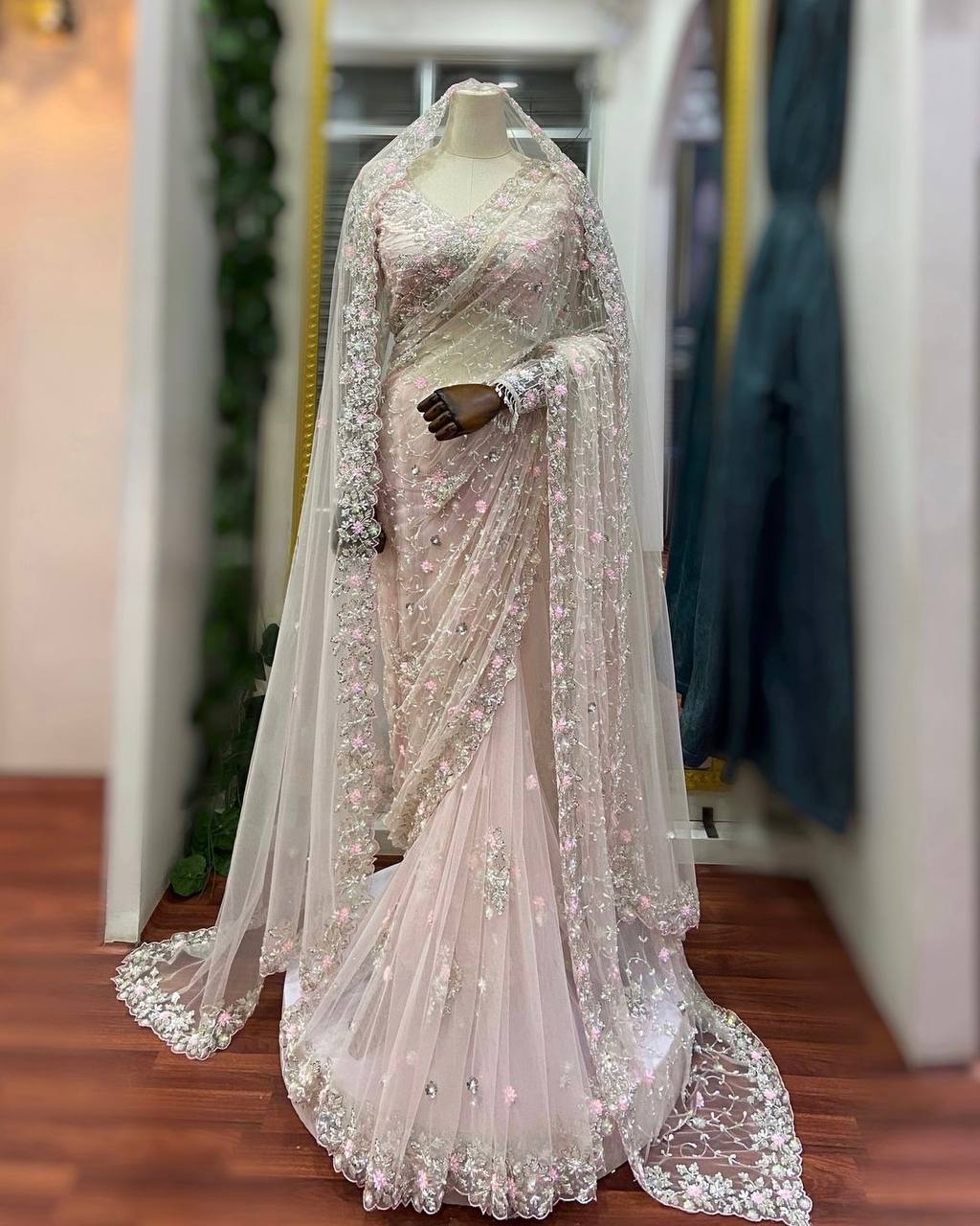 Blush Pink Soft Net Designer Saree