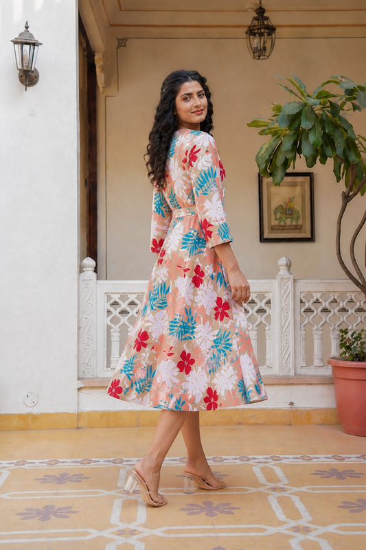 elegant floral printed cotton dress