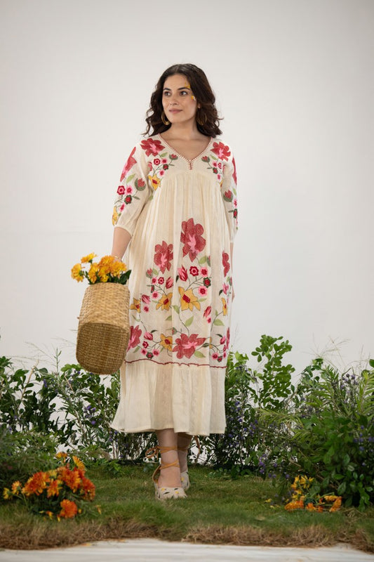 Cotton Dress with Floral Embroidery Work
