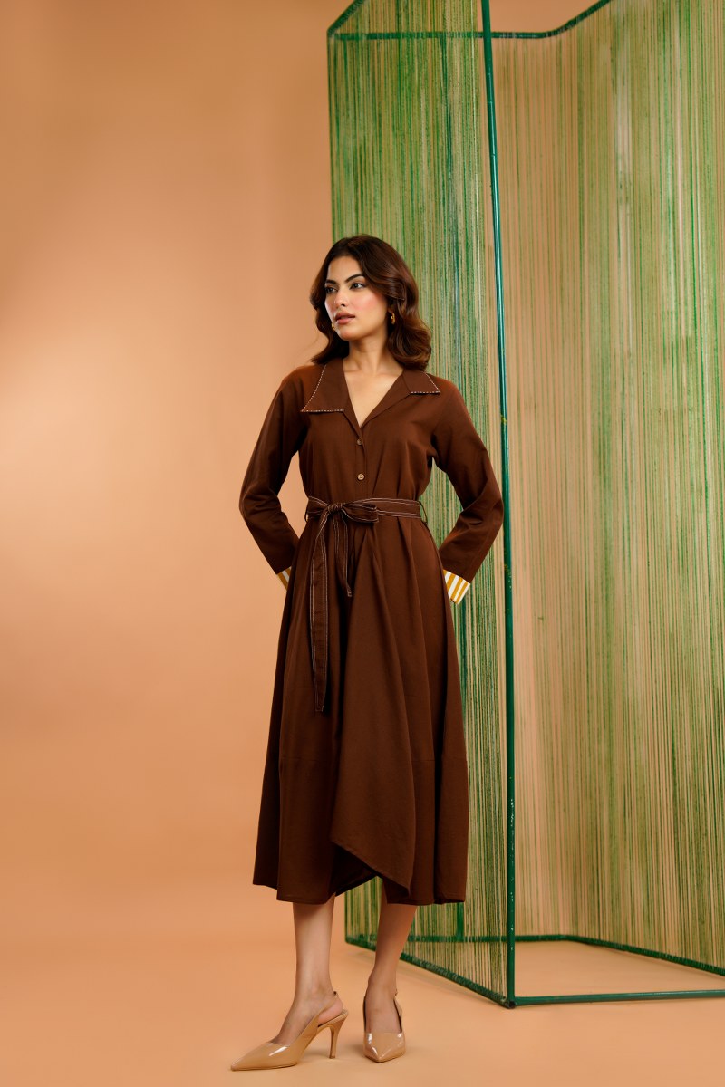 Khadi Cotton Printed Brown Midi Dress