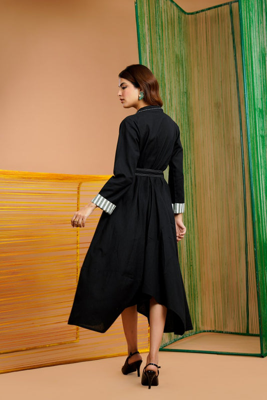 Khadi Cotton Printed Black Midi Dress