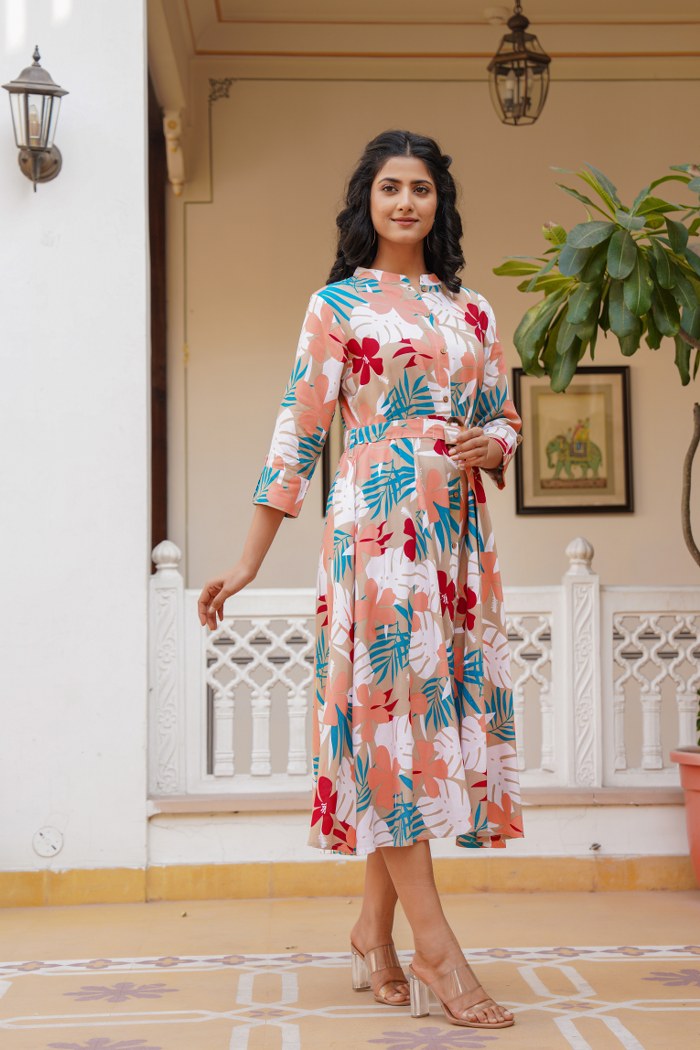 elegant floral printed cotton dress