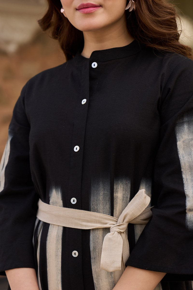 Stylish Black Cotton Midi Dress with Tie-Dye Panel & Belt