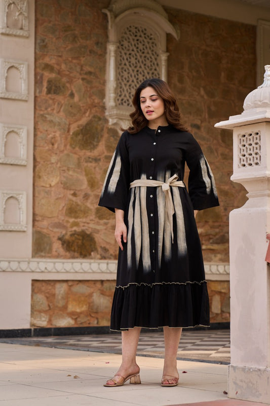Stylish Black Cotton Midi Dress with Tie-Dye Panel & Belt