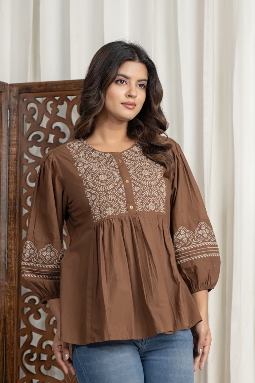 Brown Embroidered Cotton Peplum Top for Women