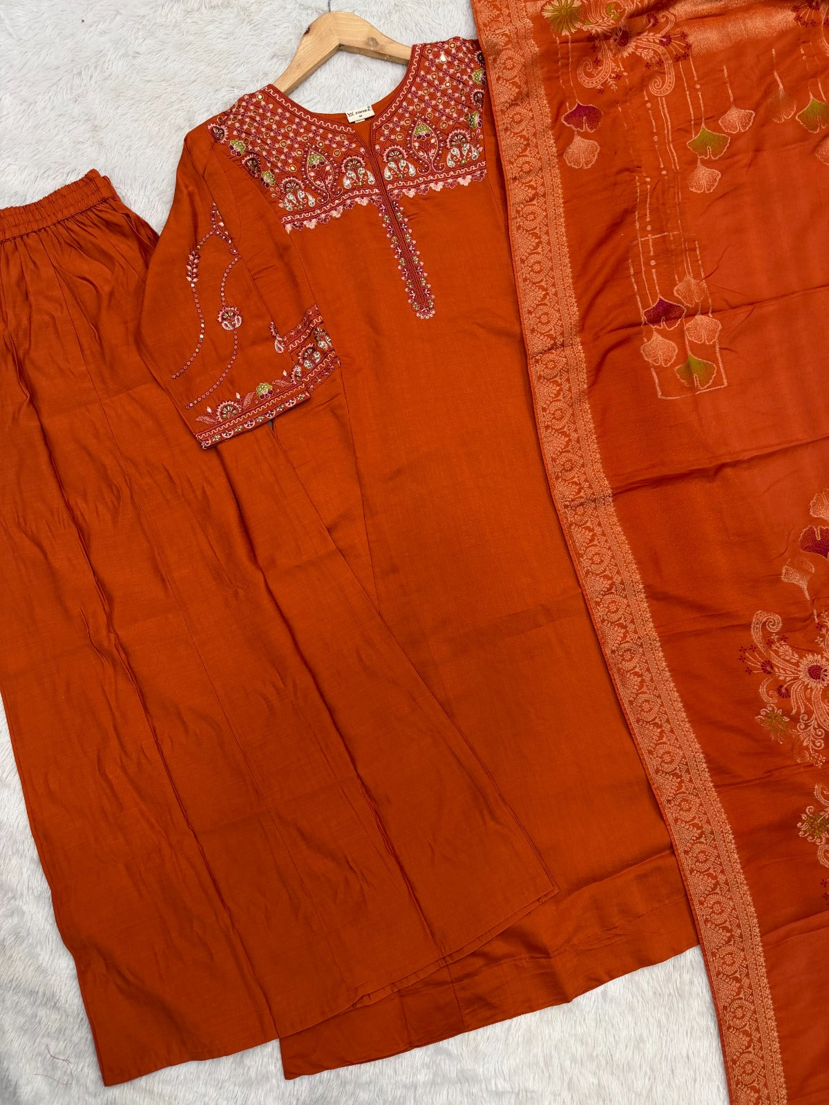 Elegant Viscose Mango Silk Embroidered Kurti Plazo Set with Dupatta