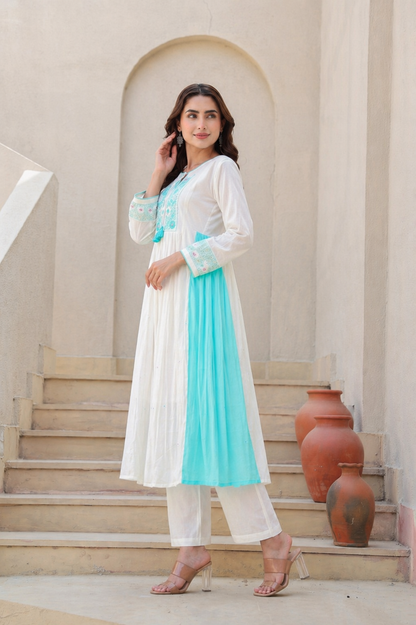 elegant white and aqua kurta set, designed for modern women