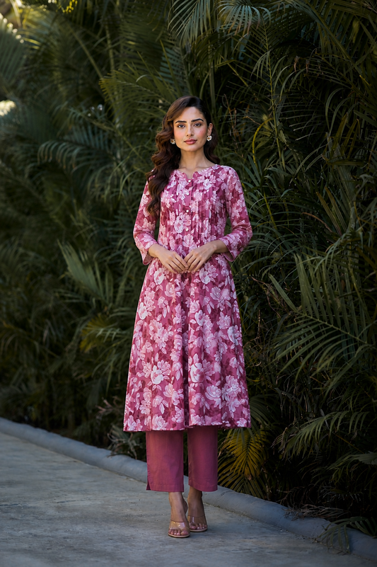 Women’s Pink Floral Printed Cotton Kurta Set