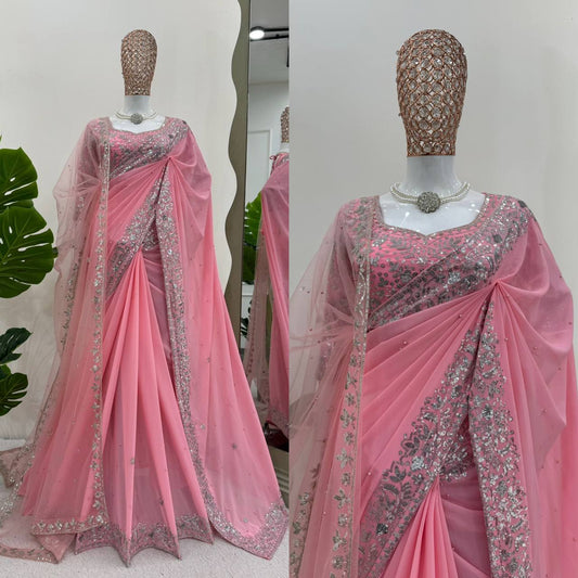 Rose Pink Faux Georgette Designer Saree