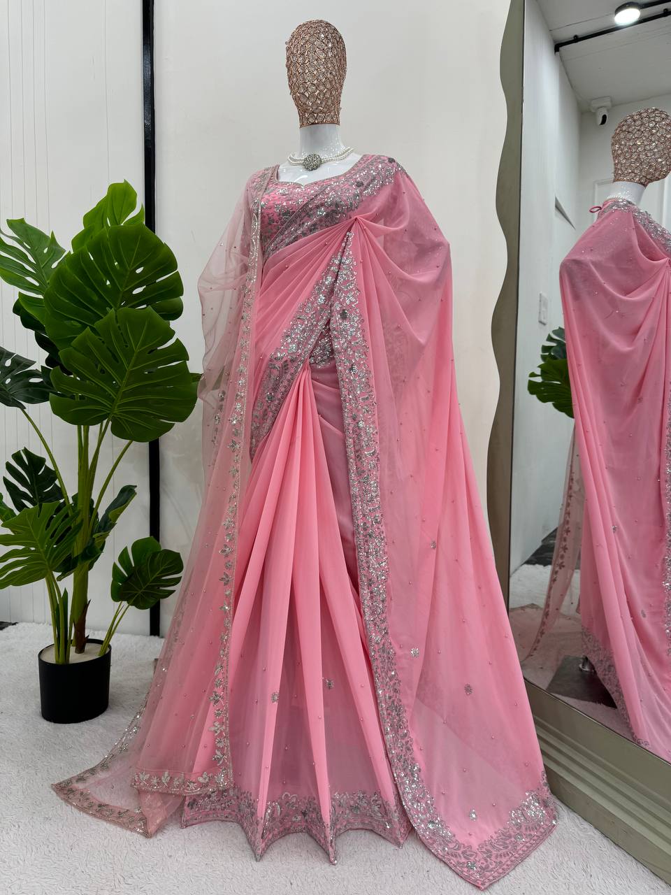 Rose Pink Faux Georgette Designer Saree