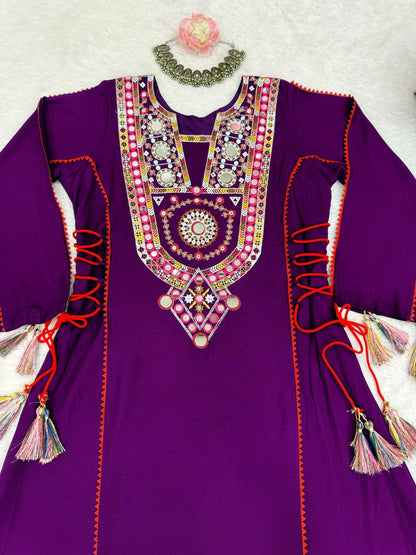 Elegant White Embroidered Kurta Palazzo Set with Tassel Details