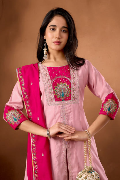 Roman Silk Anarkali Kurti Set with Hand Work