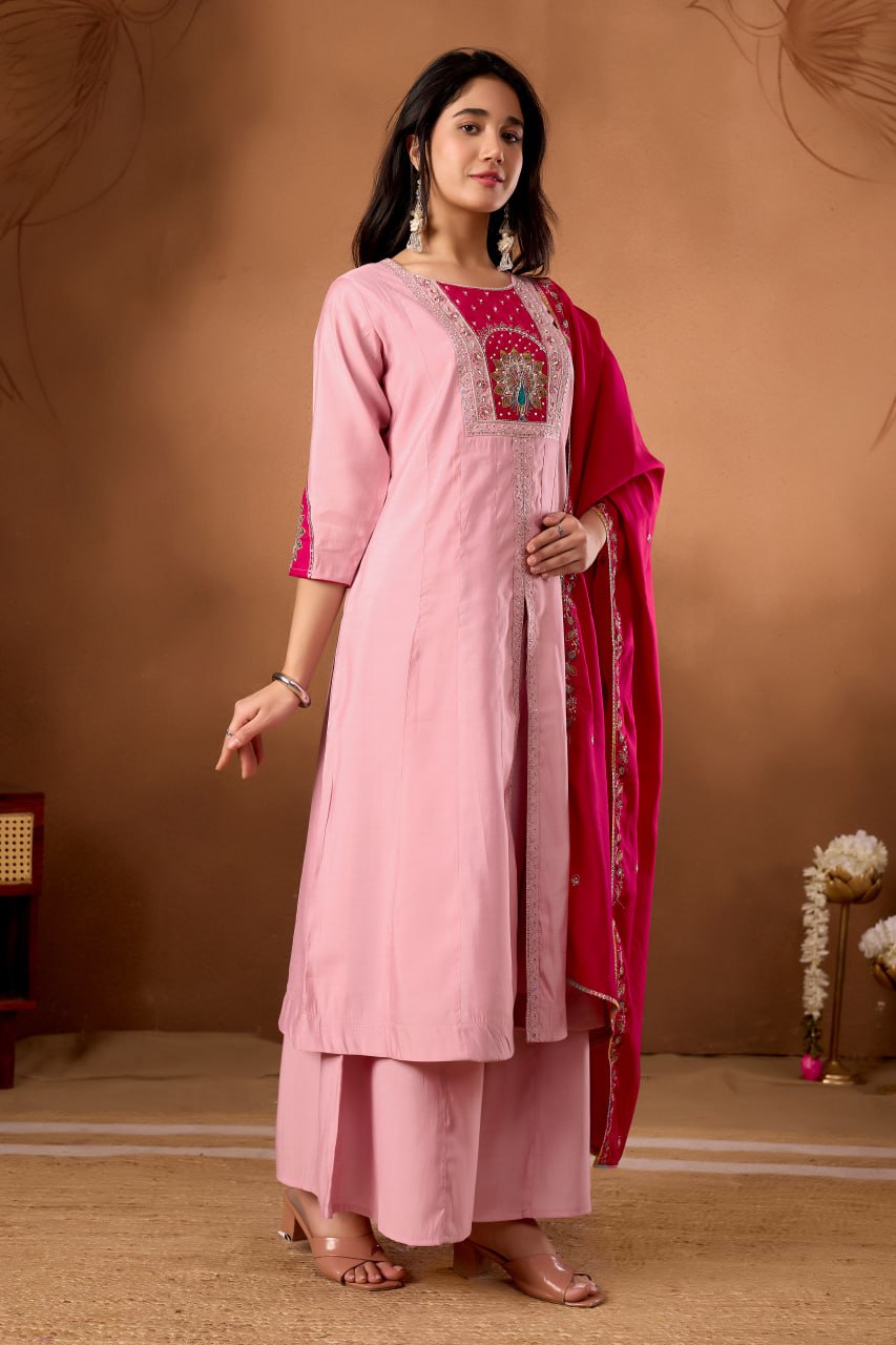 Roman Silk Anarkali Kurti Set with Hand Work