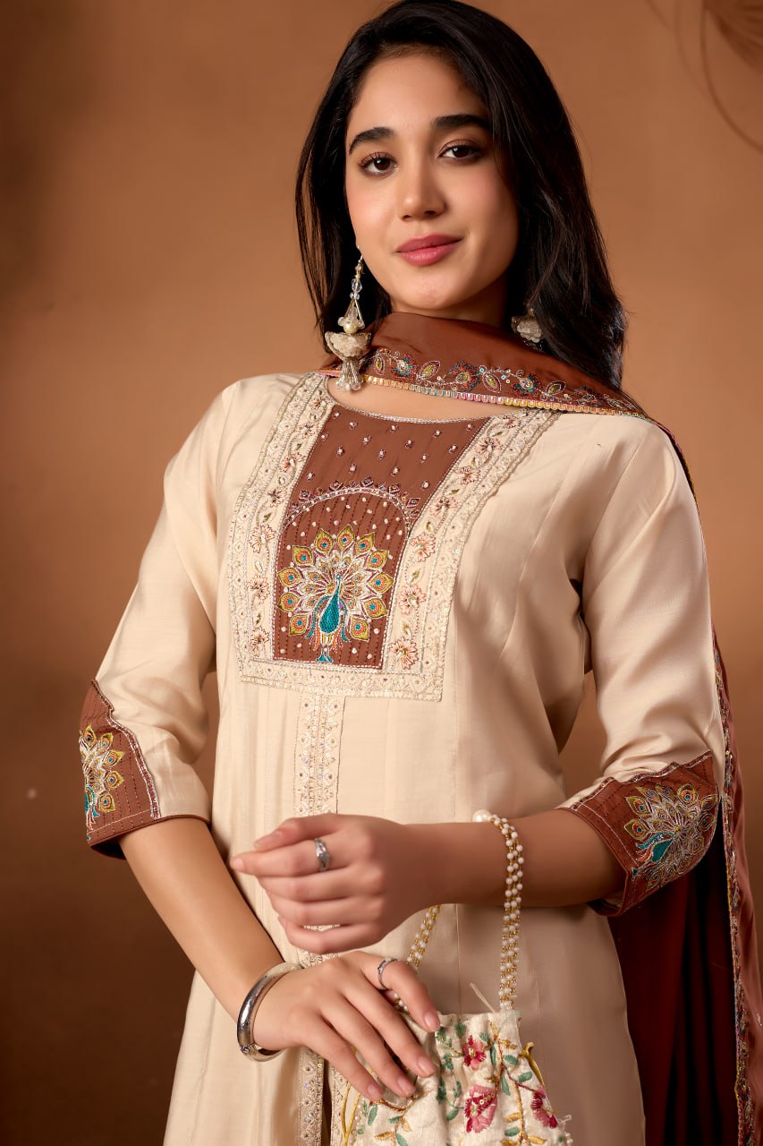 Roman Silk Anarkali Kurti Set with Hand Work