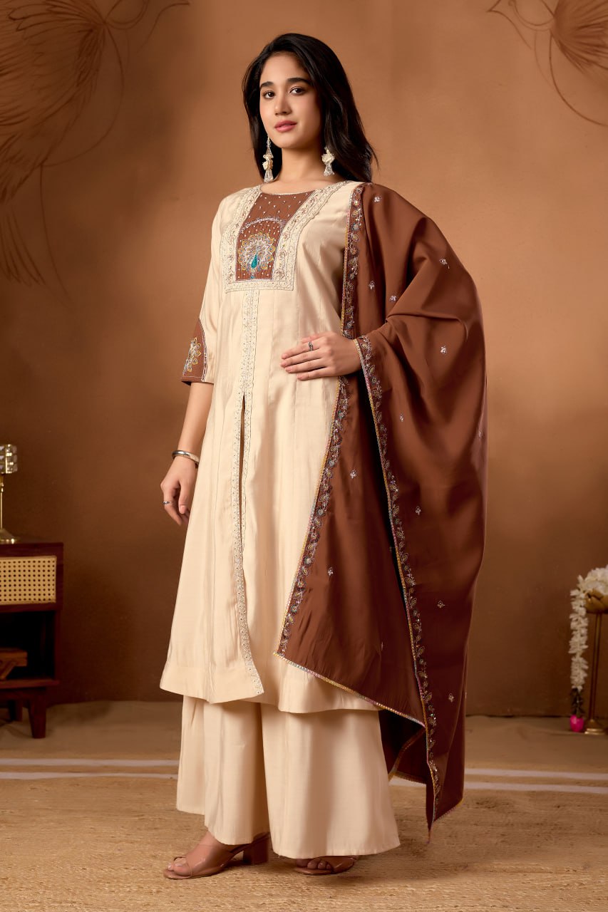 Roman Silk Anarkali Kurti Set with Hand Work