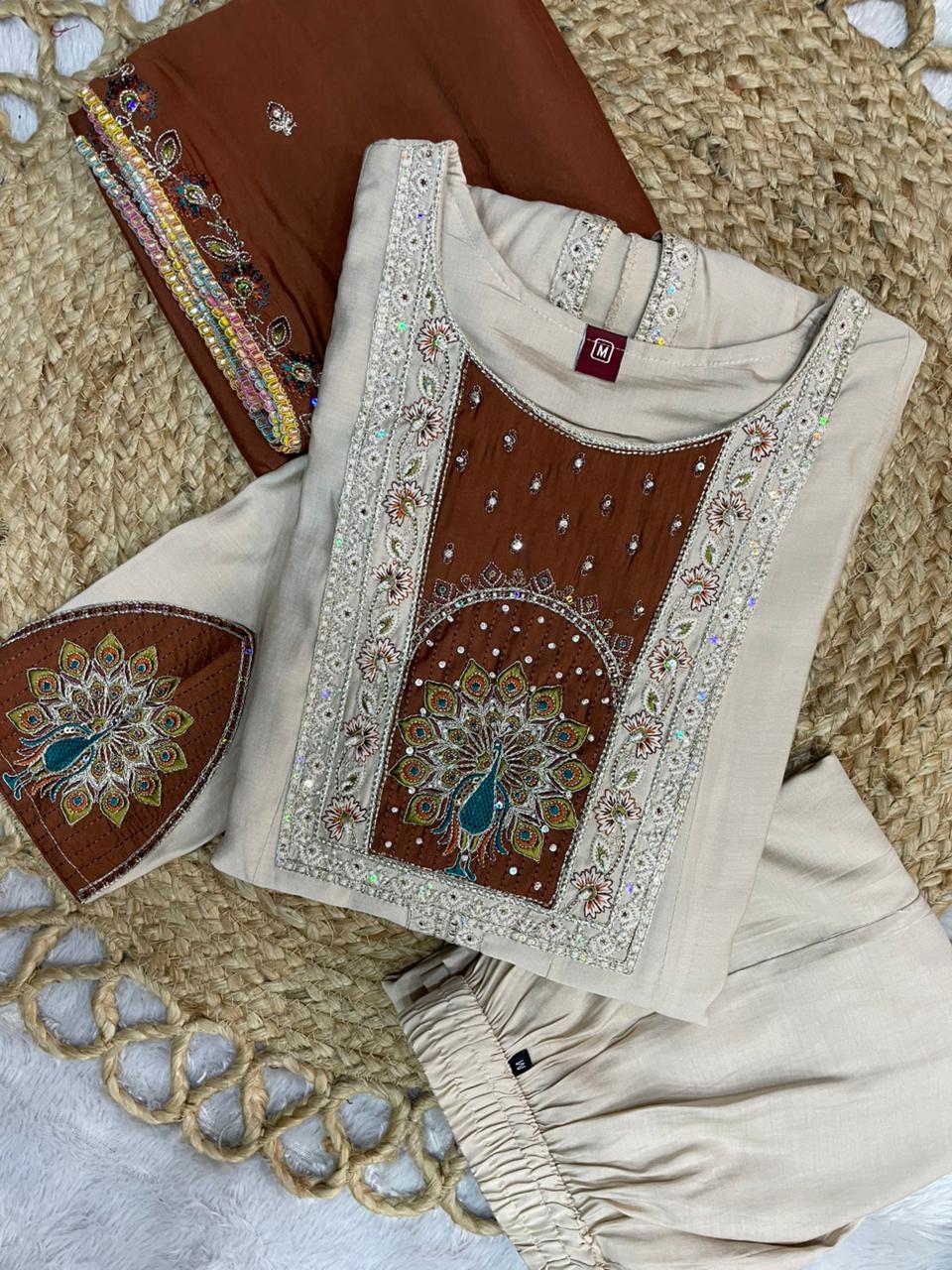 Roman Silk Anarkali Kurti Set with Hand Work