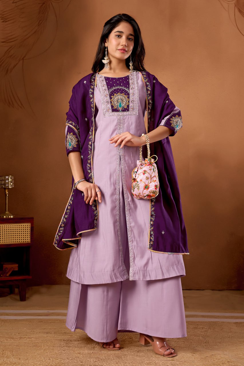 Roman Silk Anarkali Kurti Set with Hand Work