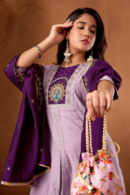 Roman Silk Anarkali Kurti Set with Hand Work