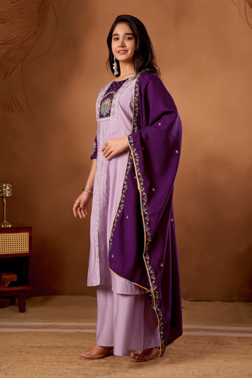 Roman Silk Anarkali Kurti Set with Hand Work