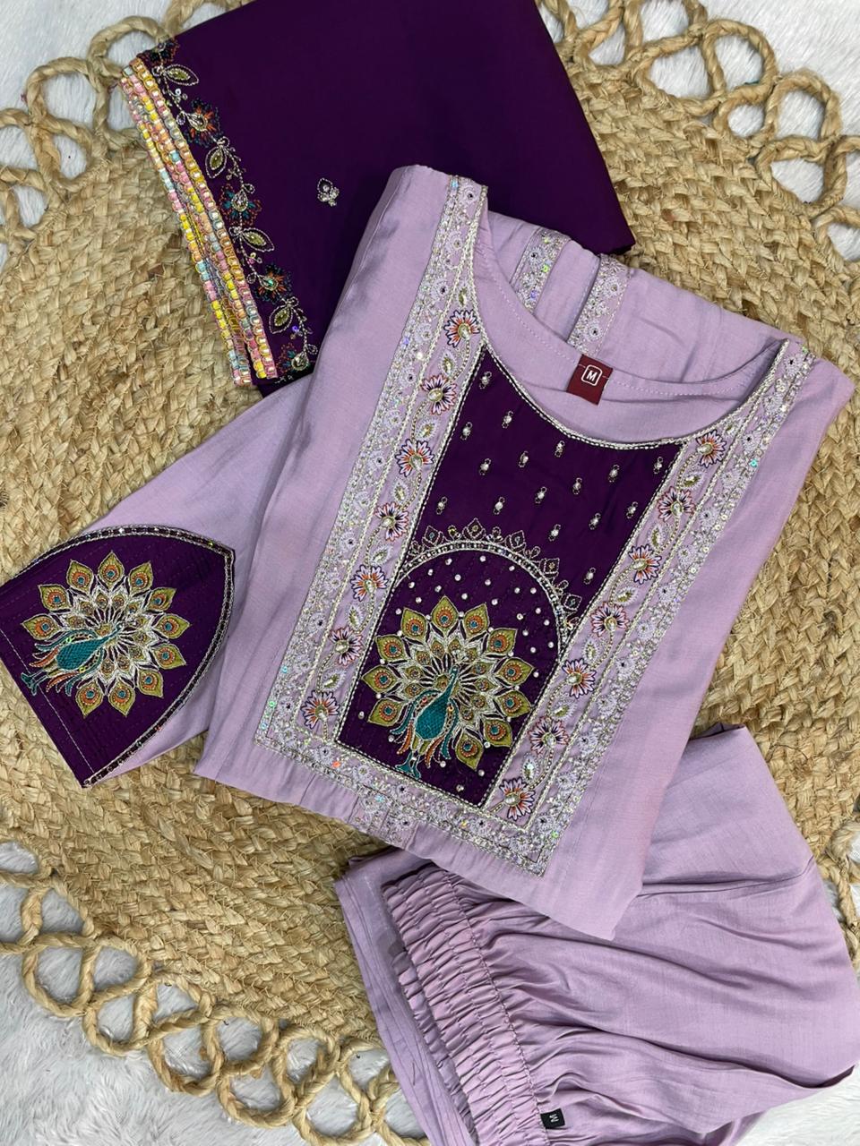 Roman Silk Anarkali Kurti Set with Hand Work