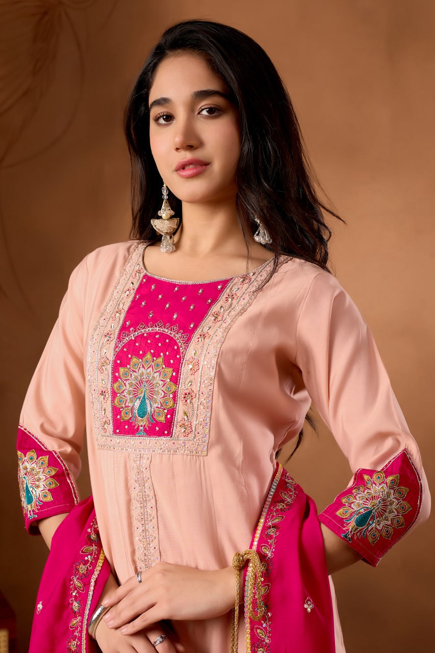 Roman Silk Anarkali Kurti Set with Hand Work