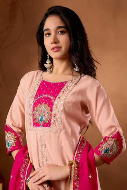 Roman Silk Anarkali Kurti Set with Hand Work