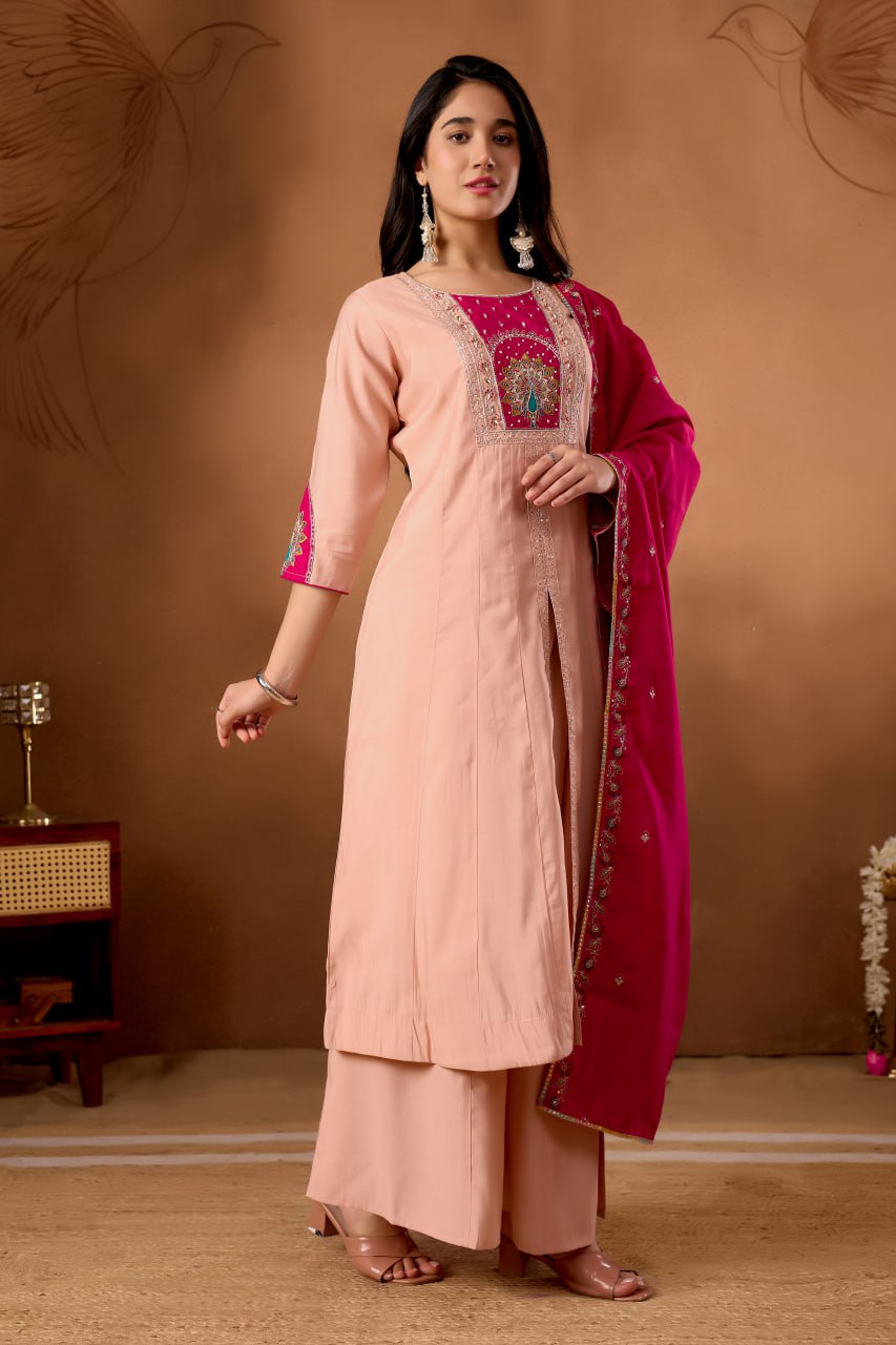 Roman Silk Anarkali Kurti Set with Hand Work