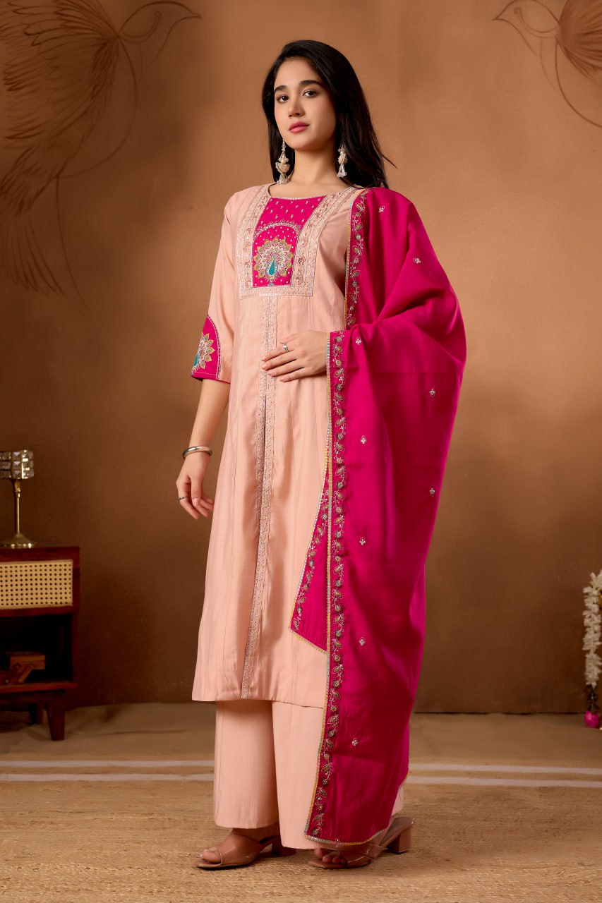 Roman Silk Anarkali Kurti Set with Hand Work
