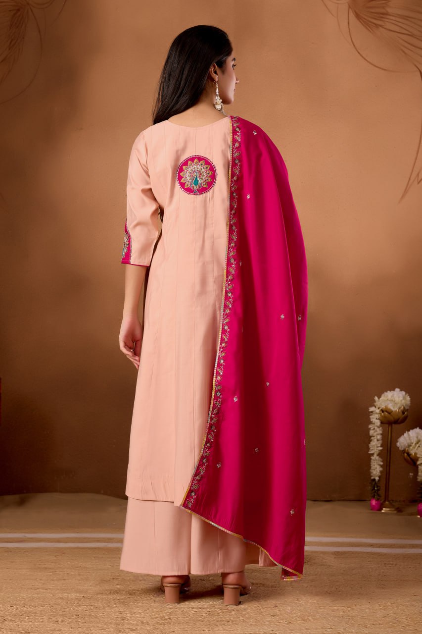 Roman Silk Anarkali Kurti Set with Hand Work