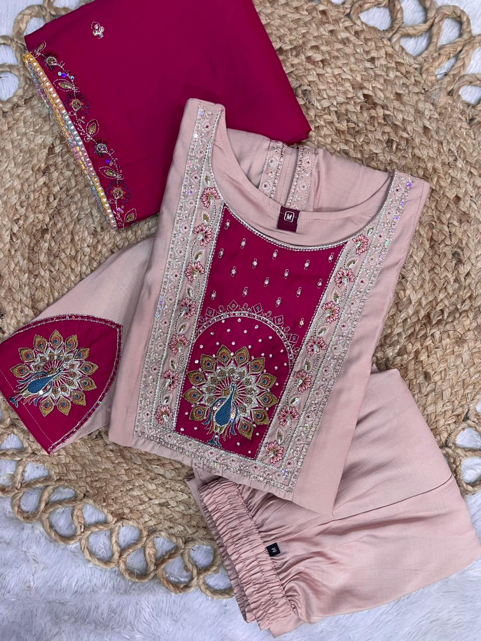 Roman Silk Anarkali Kurti Set with Hand Work