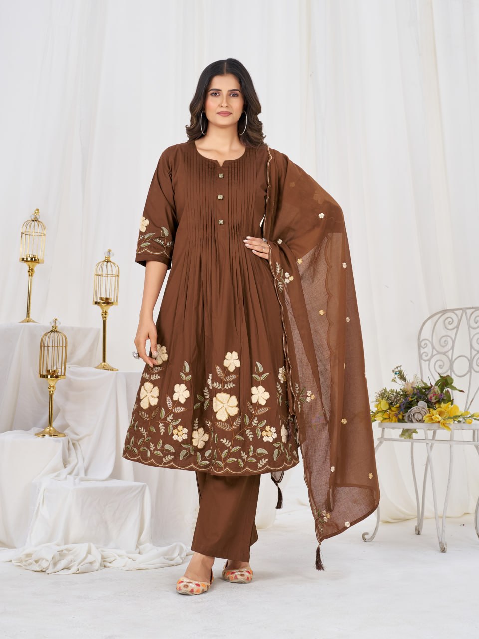 Pure Cotton Anarkali Kurti Pant Dupatta Set