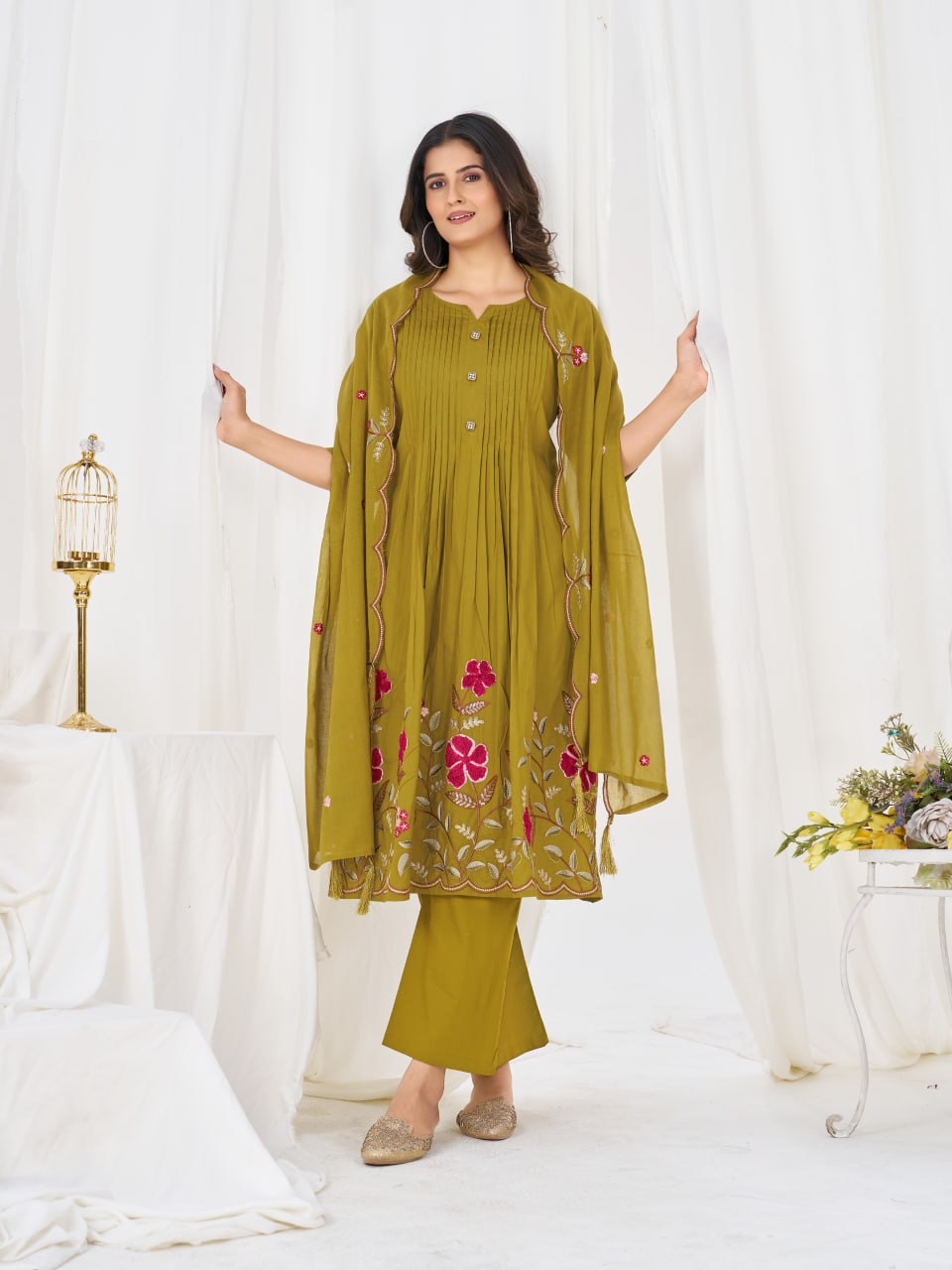 Elegant Pure Cotton Anarkali Kurti Pant Dupatta Set