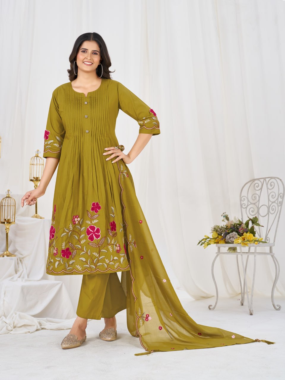 Elegant Pure Cotton Anarkali Kurti Pant Dupatta Set
