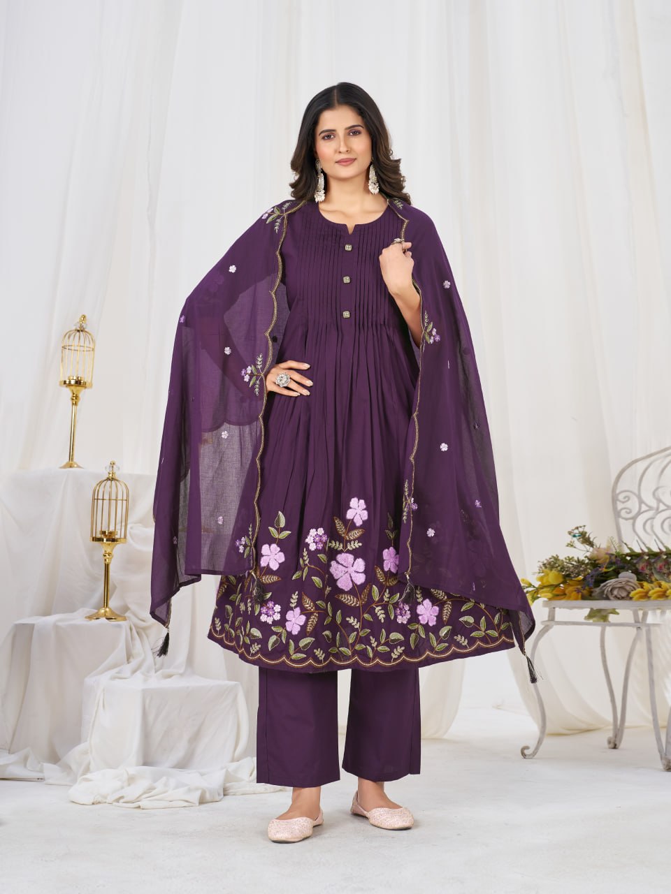 Elegant Pure Cotton Anarkali Kurti Pant Dupatta Set