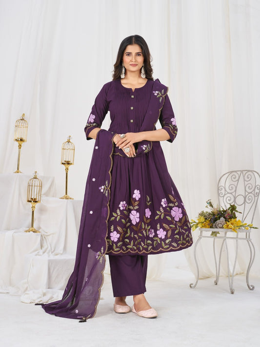 Elegant Pure Cotton Anarkali Kurti Pant Dupatta Set