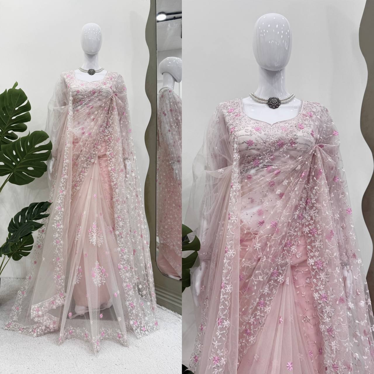 Blush Pink Soft Net Designer Saree