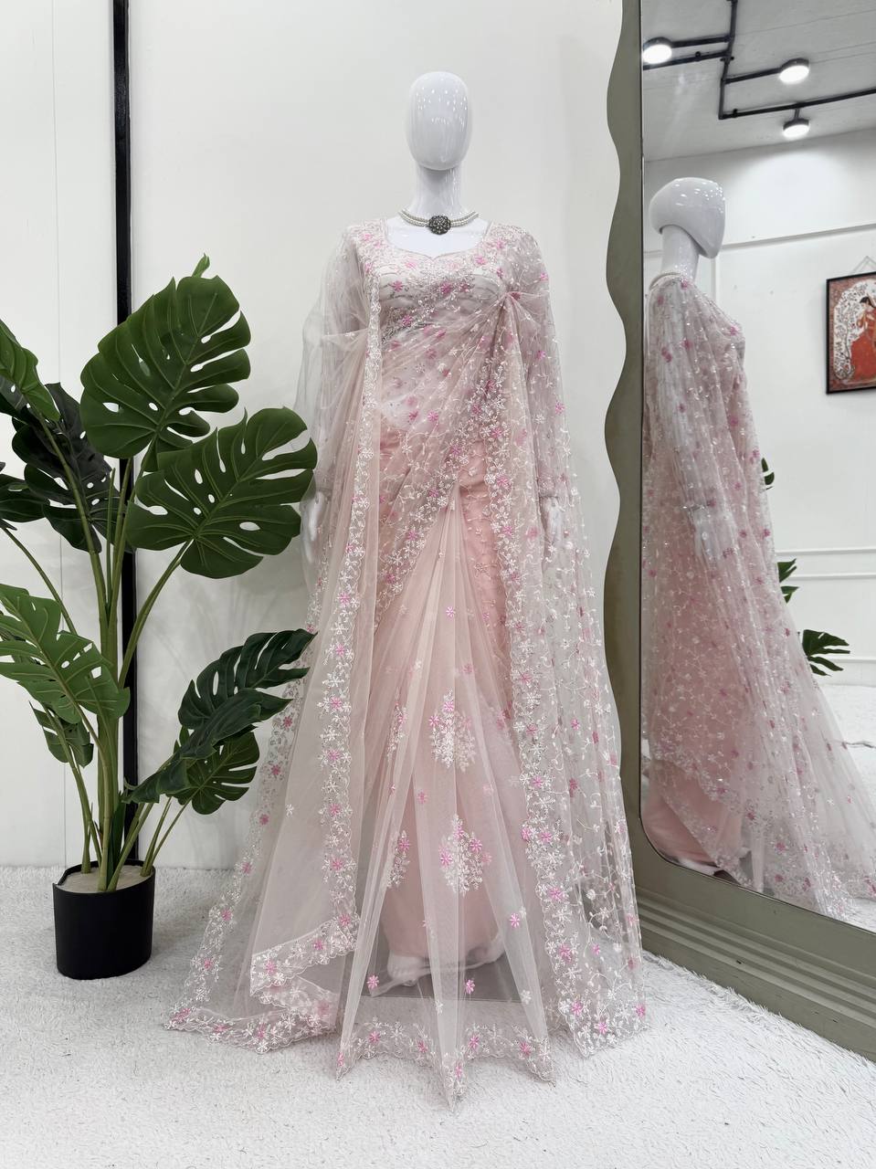 Blush Pink Soft Net Designer Saree