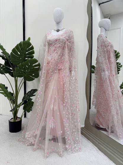 Blush Pink Soft Net Designer Saree