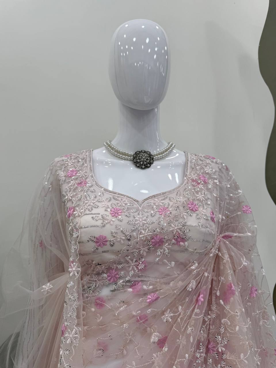 Blush Pink Soft Net Designer Saree