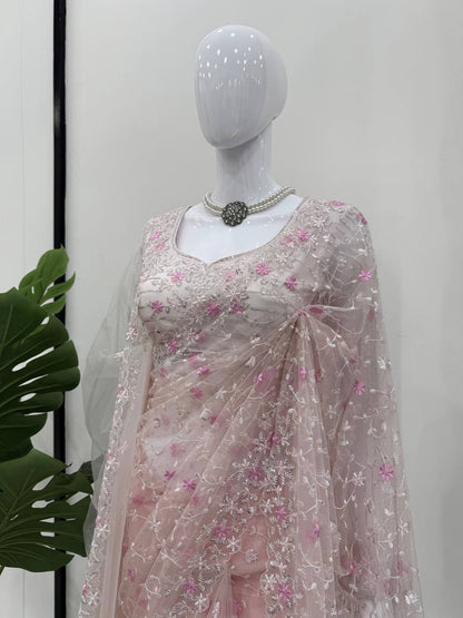 Blush Pink Soft Net Designer Saree