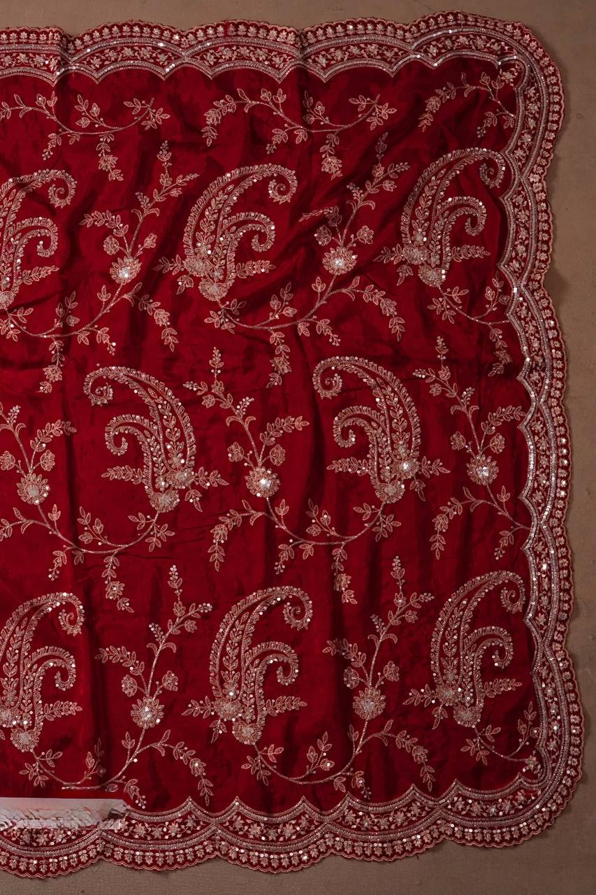 Ruby Red Vichitra Silk Designer Saree