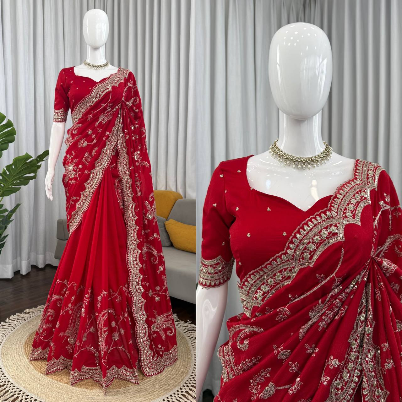 Ruby Red Vichitra Silk Designer Saree
