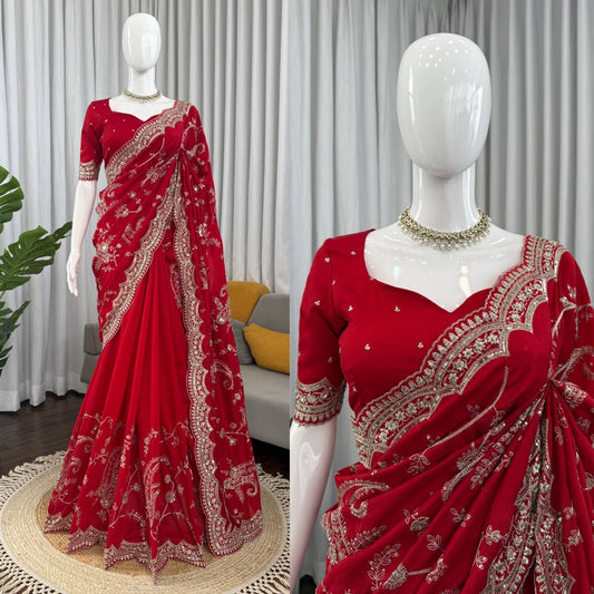 Ruby Red Vichitra Silk Designer Saree
