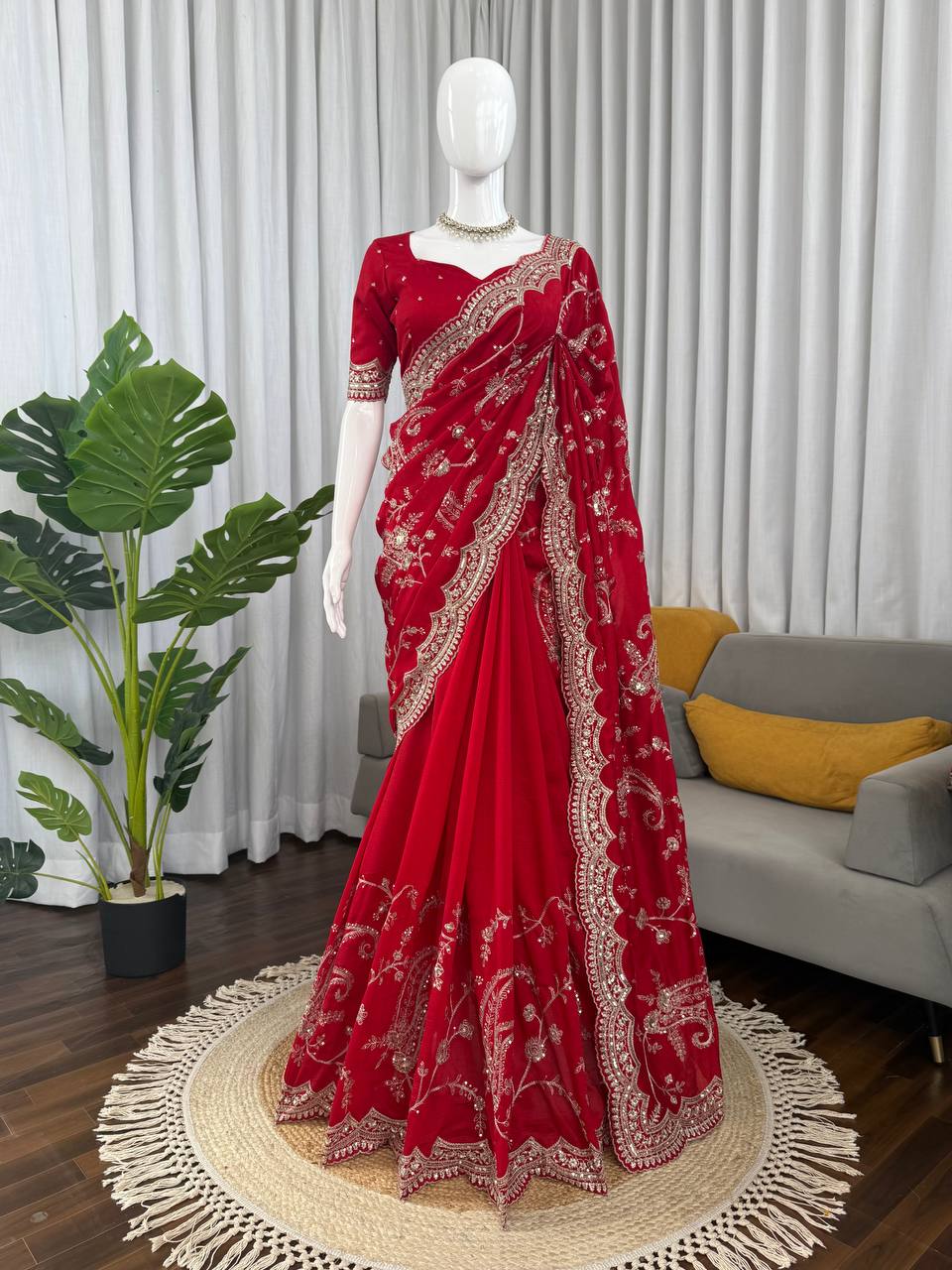 Ruby Red Vichitra Silk Designer Saree
