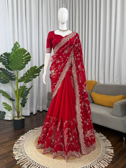 Ruby Red Vichitra Silk Designer Saree