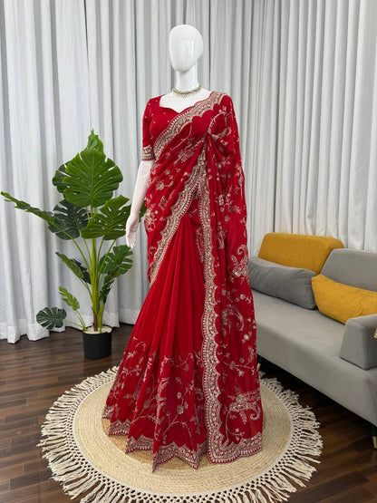 Ruby Red Vichitra Silk Designer Saree