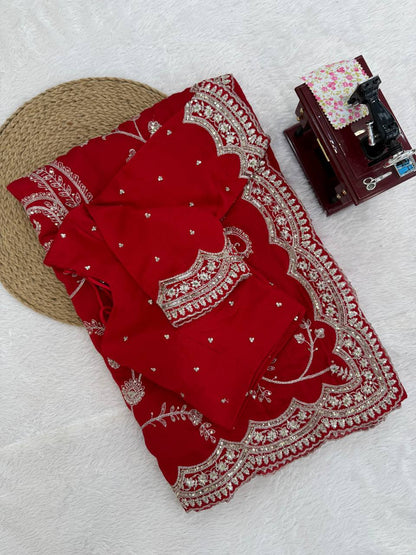 Ruby Red Vichitra Silk Designer Saree