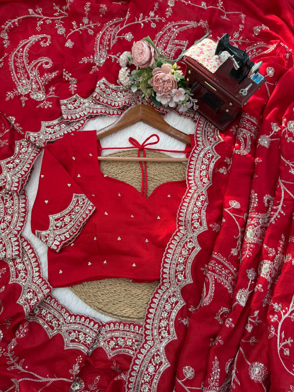 Ruby Red Vichitra Silk Designer Saree