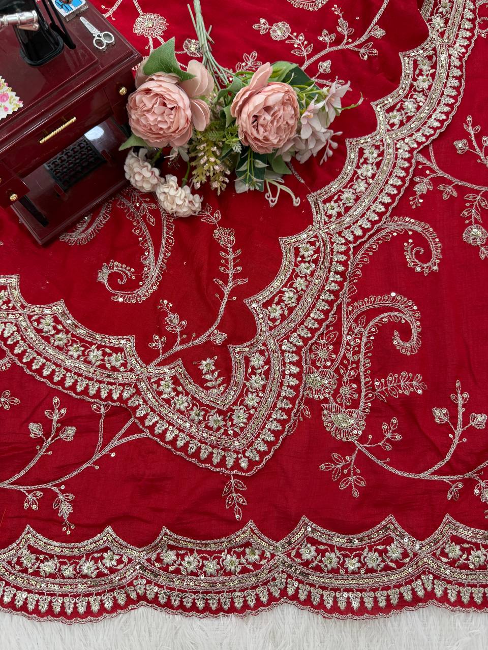 Ruby Red Vichitra Silk Designer Saree